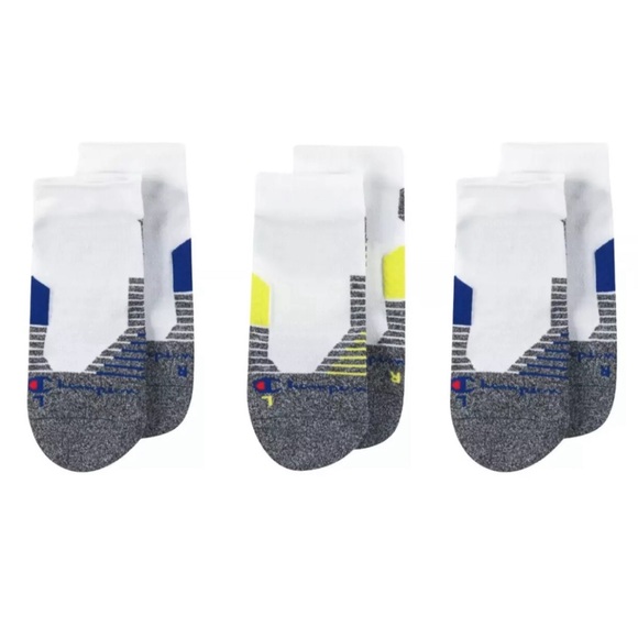 Champion No Show Socks 3 Pair Men's 6-12 White Black Yellow Blue w Logo NEW $18 - Picture 2 of 12